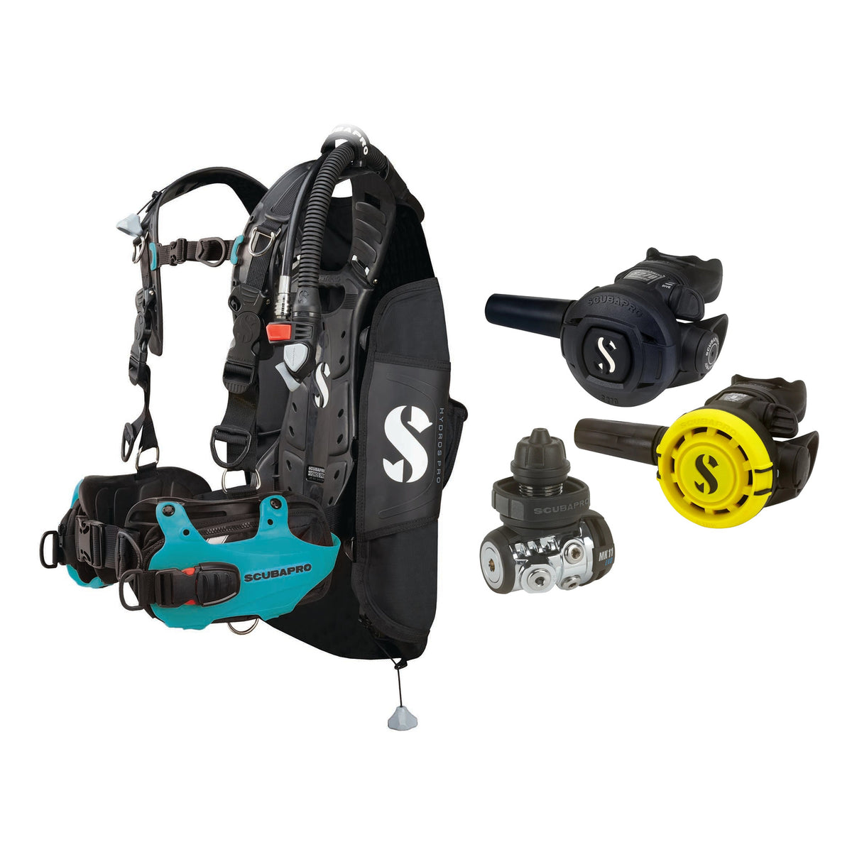 SCUBAPRO MK11 EVO / S270 regulator set with R105 octopus and Hydros Pro Ladies BCD in turquoise