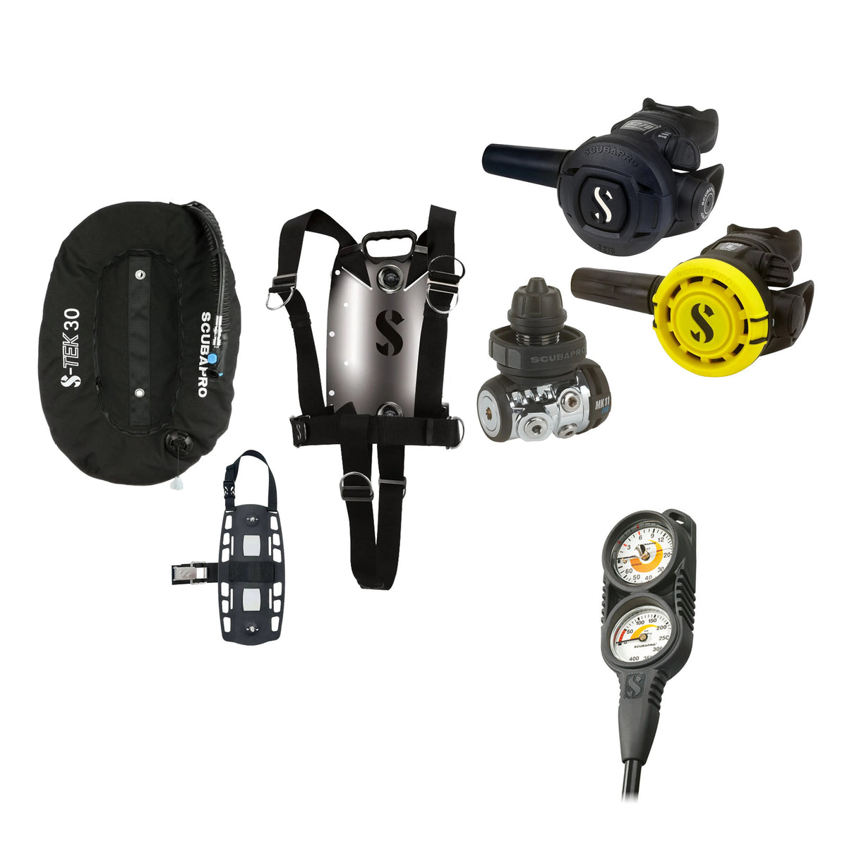 SCUBAPRO MK11 EVO / S270 regulator set with R105 octopus and S-TEK Pure BCD (stainless steel)