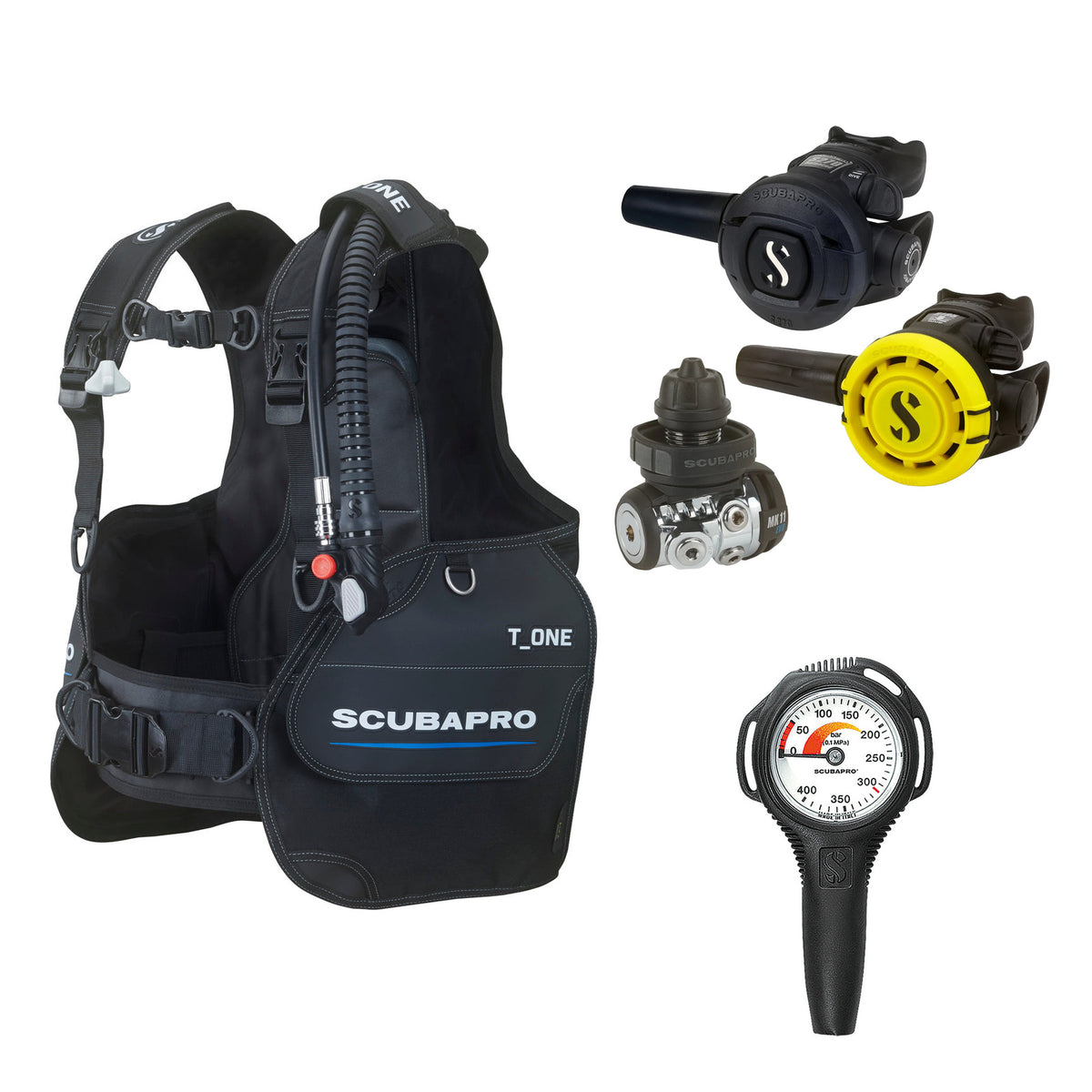 SCUBAPRO MK11 EVO / S270 regulator set with R105 octopus and T-One BCD, with Compact SPG