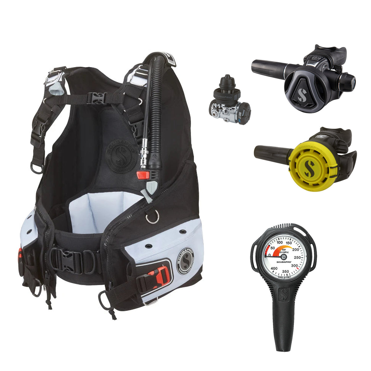 SCUBAPRO MK17 EVO2 / C370 Graphite regulator set with R105 octopus and Bella BCD, with Compact SPG