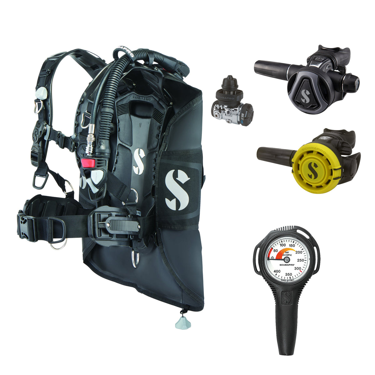 SCUBAPRO MK17 EVO2 / C370 Graphite regulator set with R105 octopus and Hydros Pro 2 BCD, with Compact SPG