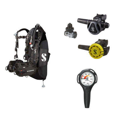 SCUBAPRO MK17 EVO2 / C370 Graphite regulator set with R105 octopus and Hydros Pro Ladies BCD in black, with Compact SPG