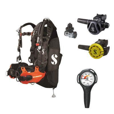 SCUBAPRO MK17 EVO2 / C370 Graphite regulator set with R105 octopus and Hydros Pro Ladies BCD in orange, with Compact SPG
