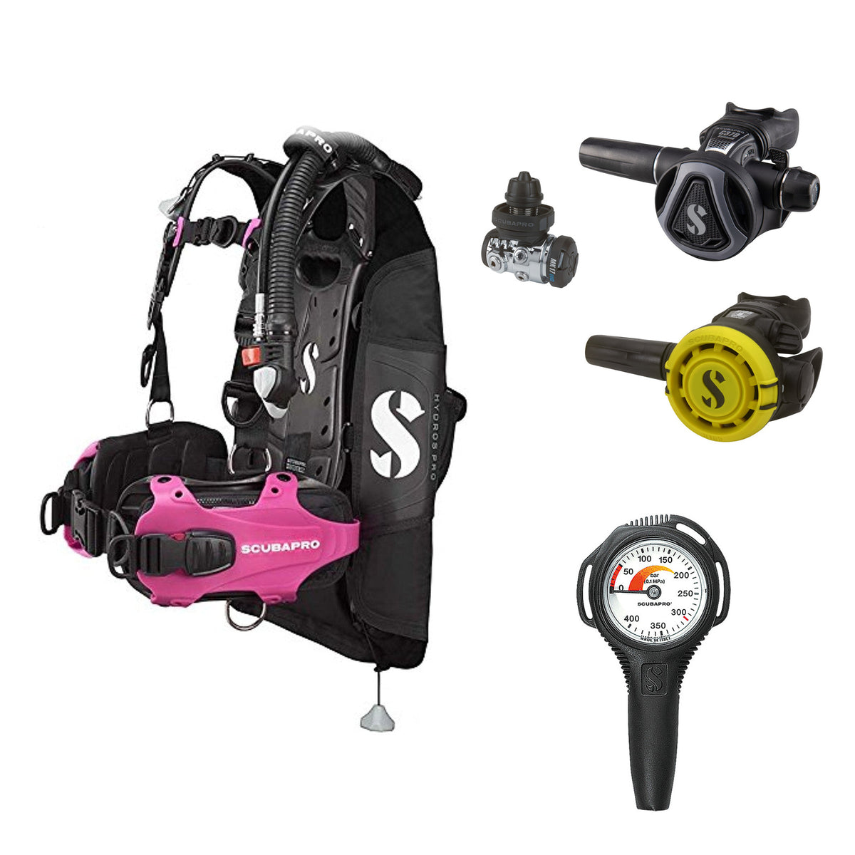 SCUBAPRO MK17 EVO2 / C370 Graphite regulator set with R105 octopus and Hydros Pro Ladies BCD in pink, with Compact SPG