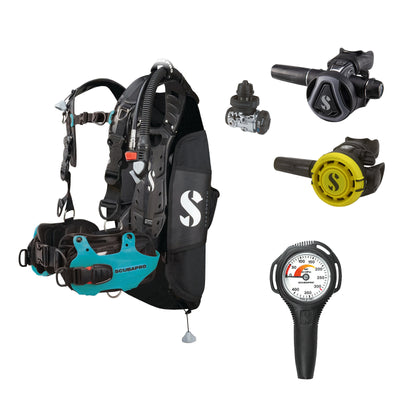 SCUBAPRO MK17 EVO2 / C370 Graphite regulator set with R105 octopus and Hydros Pro Ladies BCD in turquoise, with Compact SPG