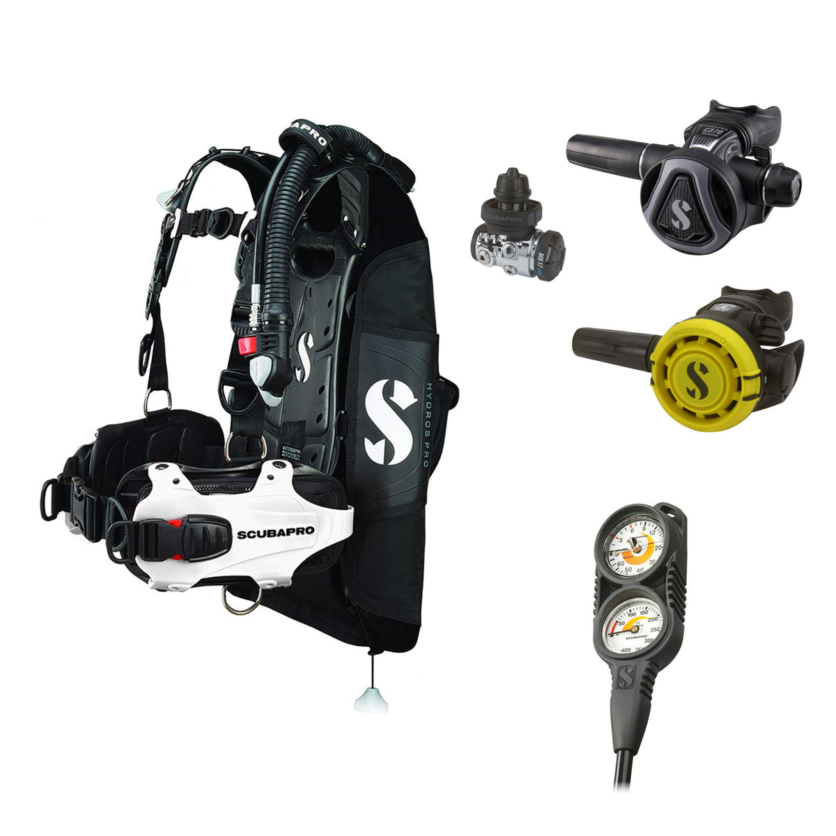 SCUBAPRO MK17 EVO2 / C370 Graphite regulator set with R105 octopus and Hydros Pro Ladies BCD in white, with Compact Combo 2