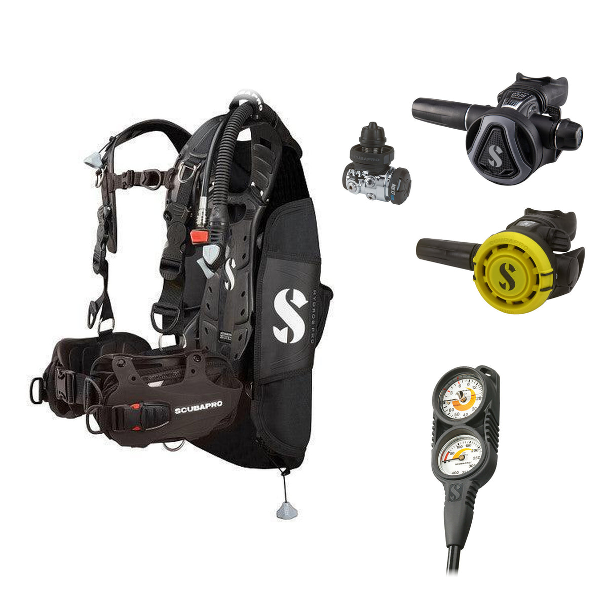 SCUBAPRO MK17 EVO2 / C370 Graphite regulator set with R105 octopus and Hydros Pro Mens BCD in all black, with Compact Combo 2