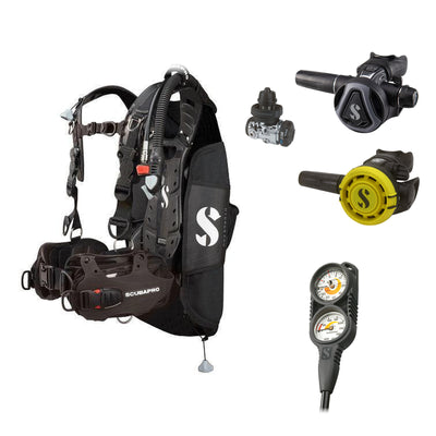 SCUBAPRO MK17 EVO2 / C370 Graphite regulator set with R105 octopus and Hydros Pro Mens BCD in all black, with Compact Combo 2