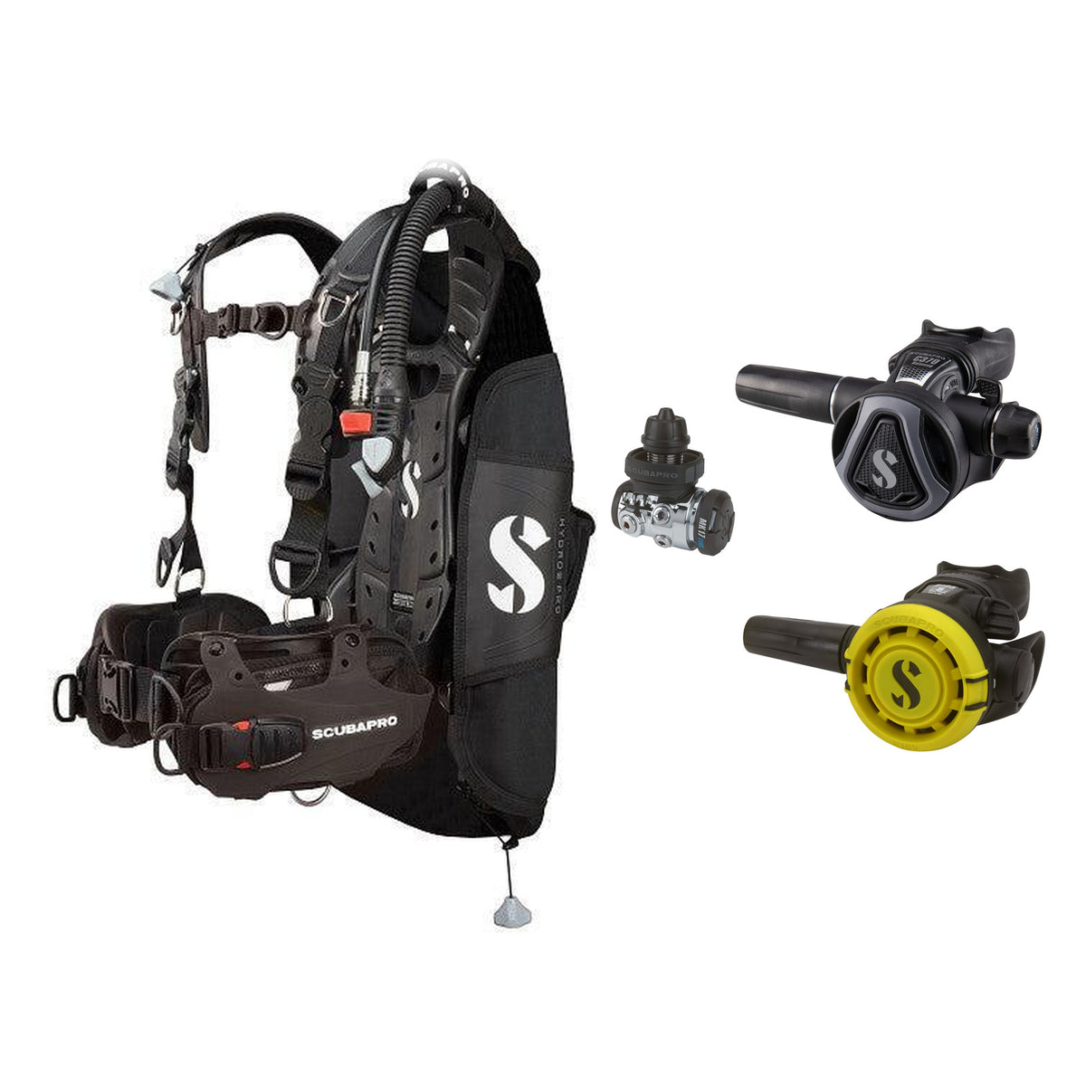 SCUBAPRO MK17 EVO2 / C370 Graphite regulator set with R105 octopus and Hydros Pro Mens BCD in all black