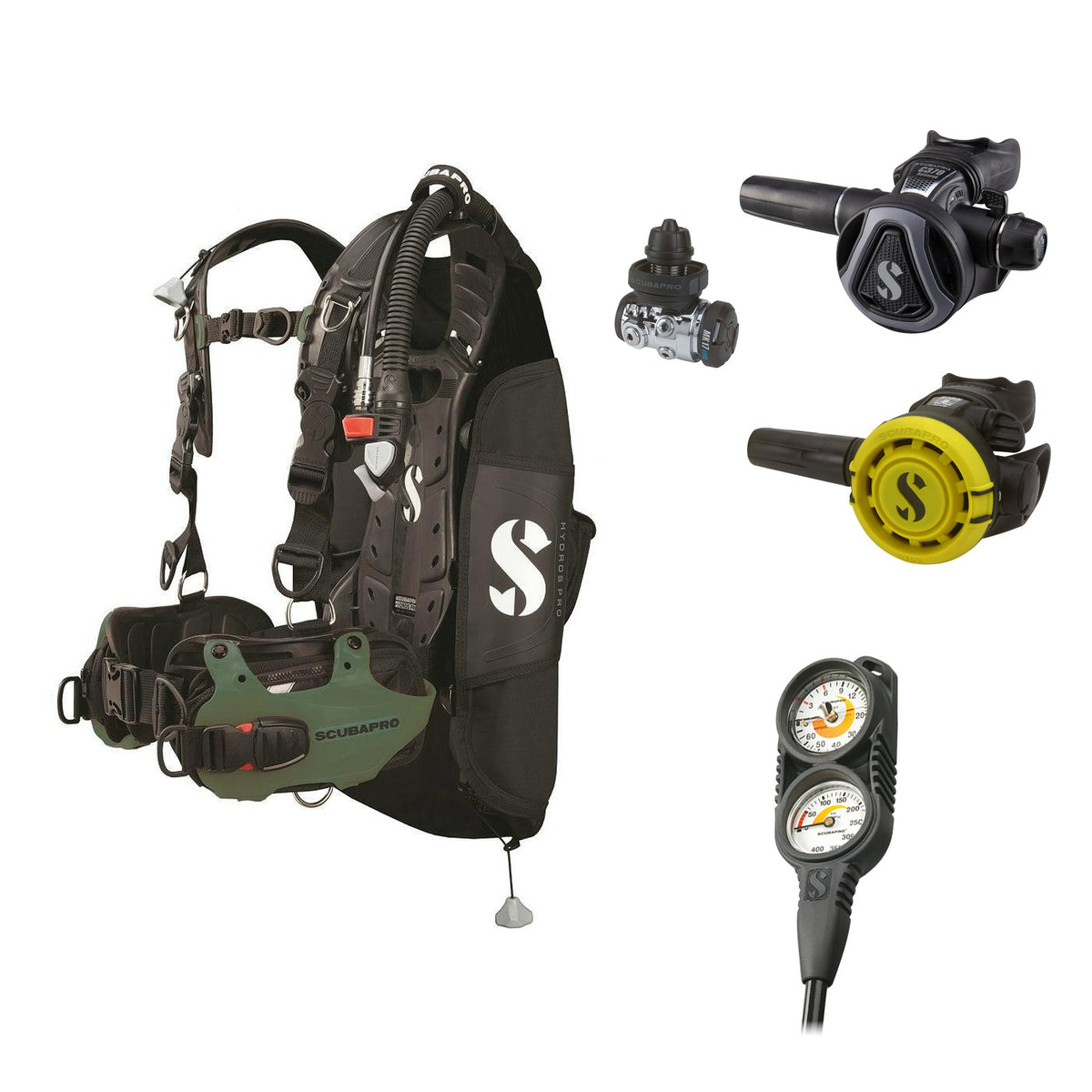 SCUBAPRO MK17 EVO2 / C370 Graphite regulator set with R105 octopus and Hydros Pro Mens BCD in army green, with Compact Combo 2