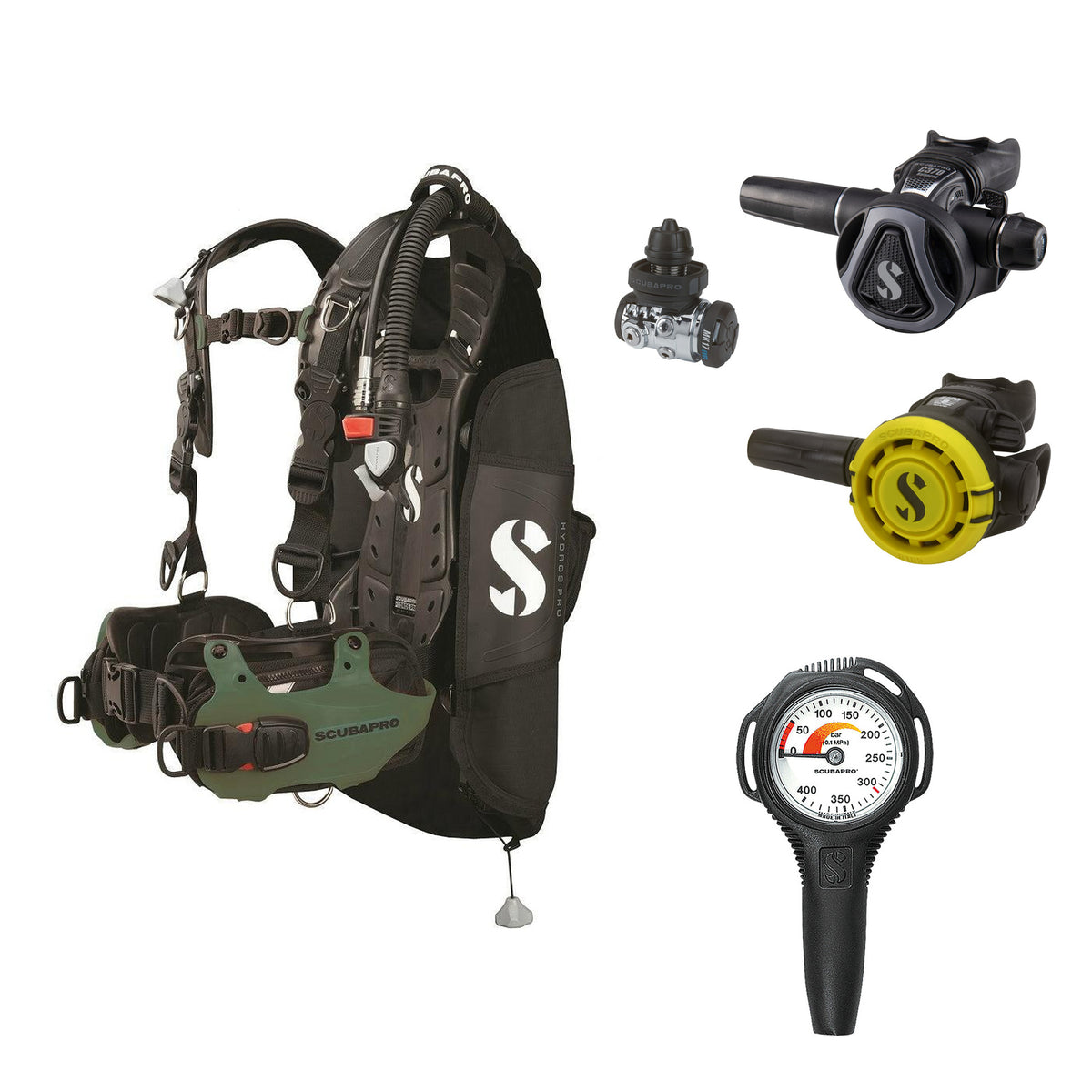 SCUBAPRO MK17 EVO2 / C370 Graphite regulator set with R105 octopus and Hydros Pro Mens BCD in army green, with Compact SPG
