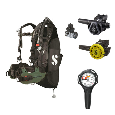 SCUBAPRO MK17 EVO2 / C370 Graphite regulator set with R105 octopus and Hydros Pro Mens BCD in army green, with Compact SPG