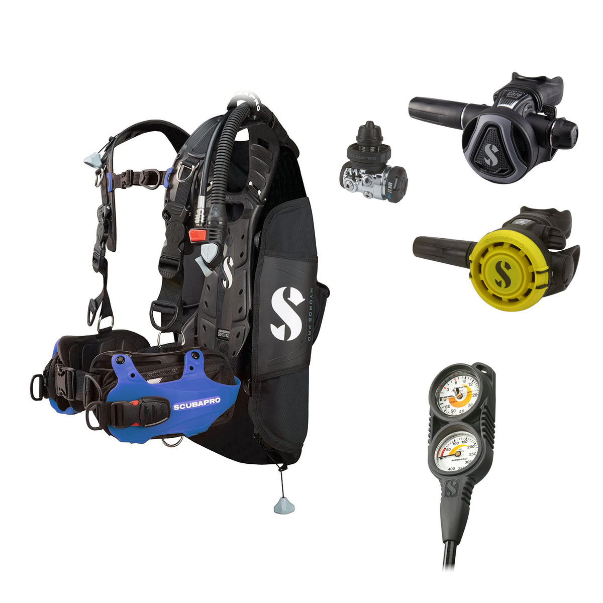 SCUBAPRO MK17 EVO2 / C370 Graphite regulator set with R105 octopus and Hydros Pro Mens BCD in blue, with Compact Combo 2