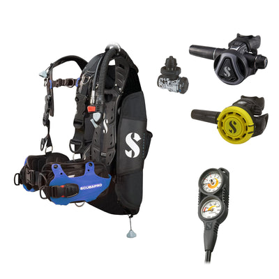 SCUBAPRO MK17 EVO2 / C370 Graphite regulator set with R105 octopus and Hydros Pro Mens BCD in blue, with Compact Combo 2
