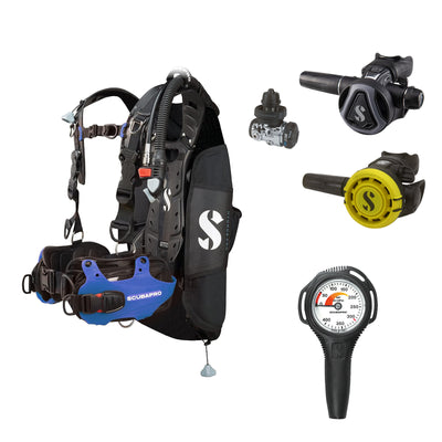 SCUBAPRO MK17 EVO2 / C370 Graphite regulator set with R105 octopus and Hydros Pro Mens BCD in blue, with Compact SPG