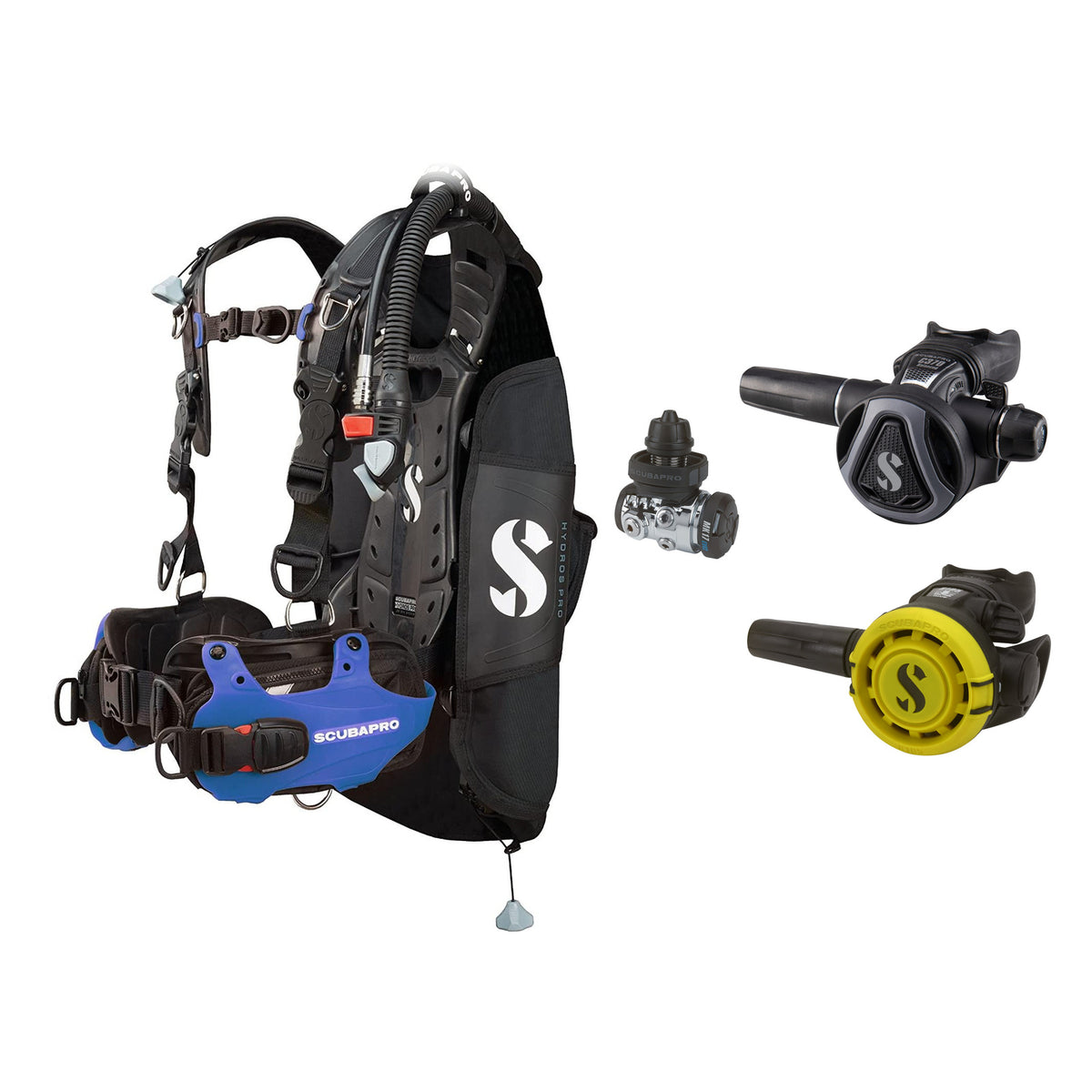 SCUBAPRO MK17 EVO2 / C370 Graphite regulator set with R105 octopus and Hydros Pro Mens BCD in blue