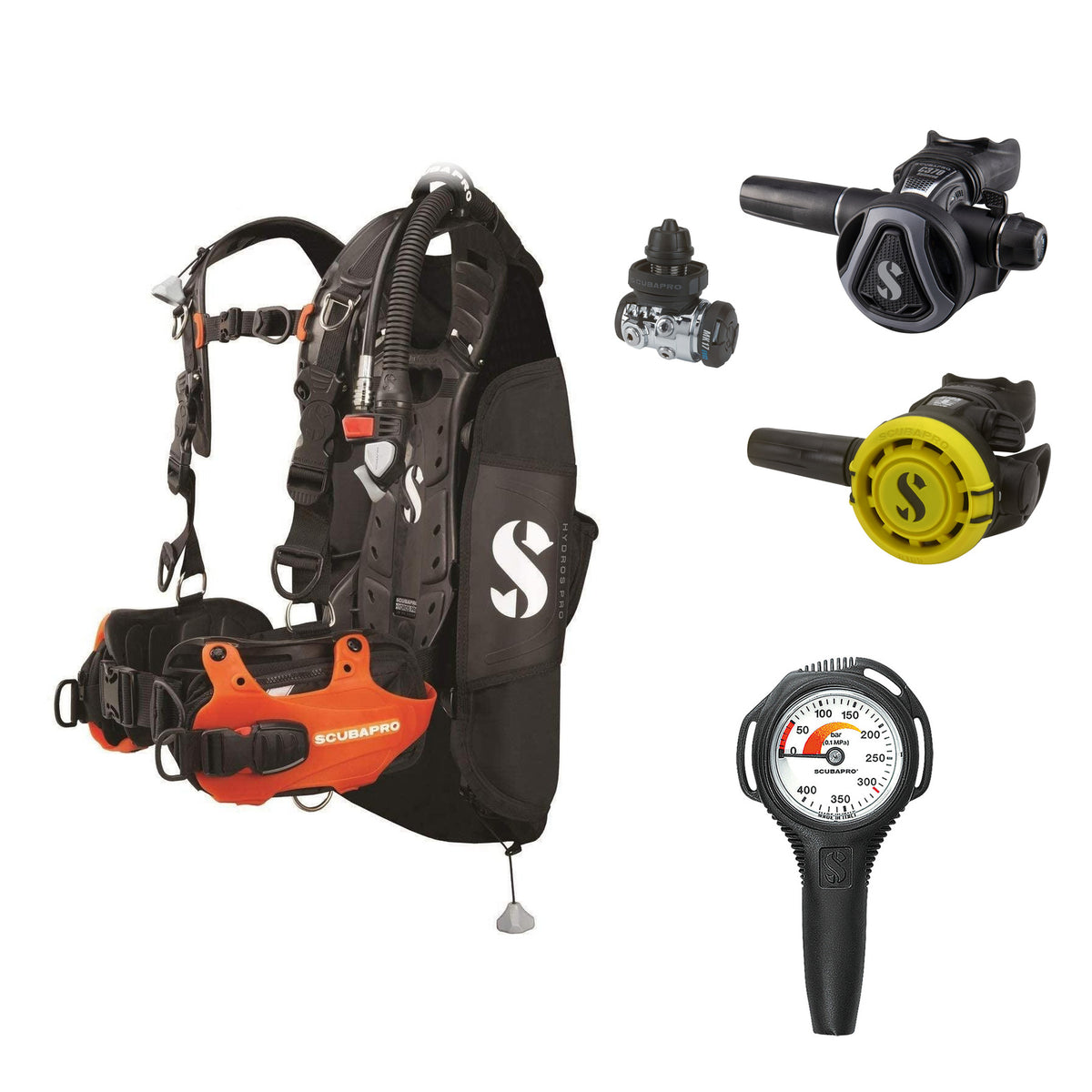 SCUBAPRO MK17 EVO2 / C370 Graphite regulator set with R105 octopus and Hydros Pro Mens BCD in orange, with Compact SPG