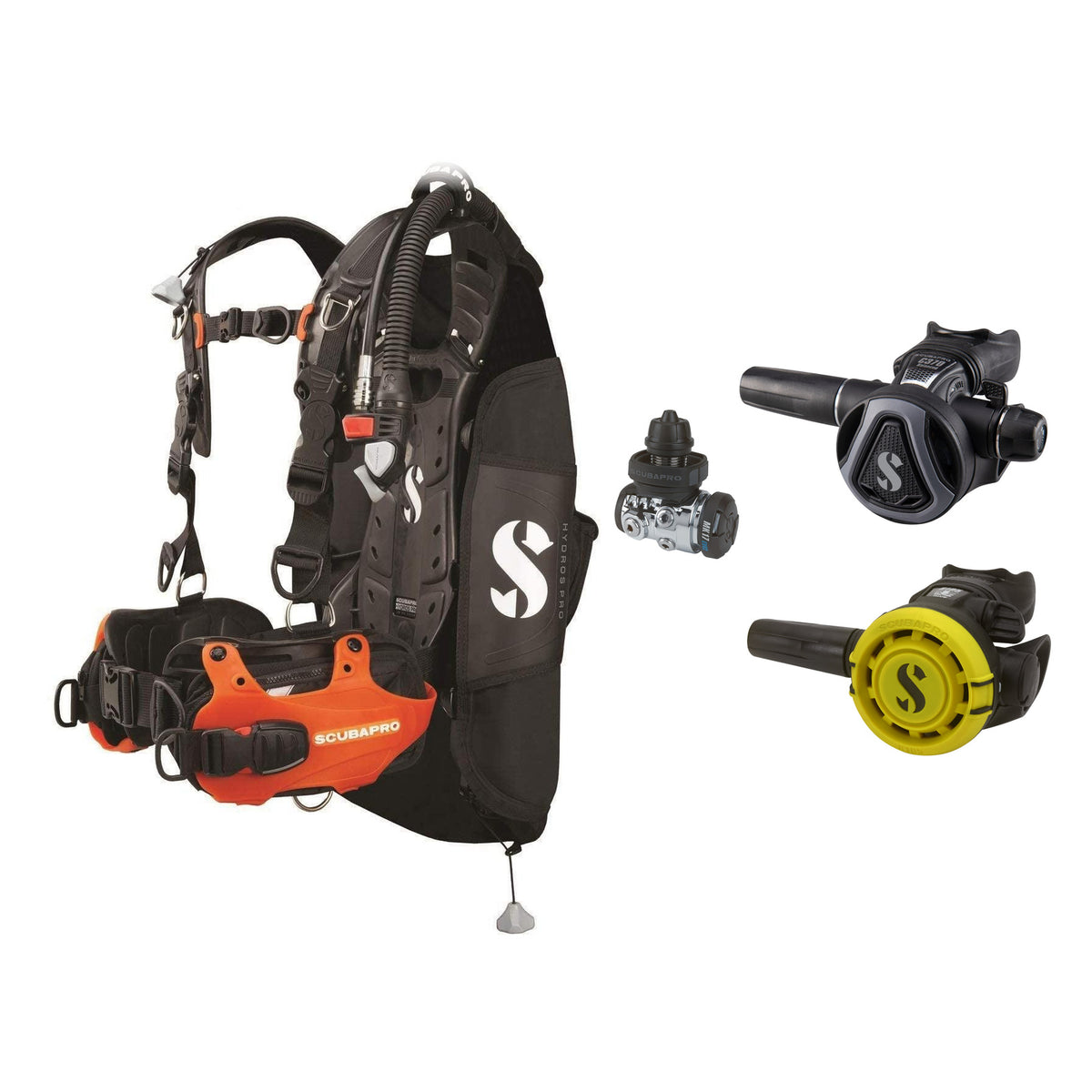 SCUBAPRO MK17 EVO2 / C370 Graphite regulator set with R105 octopus and Hydros Pro Mens BCD in orange