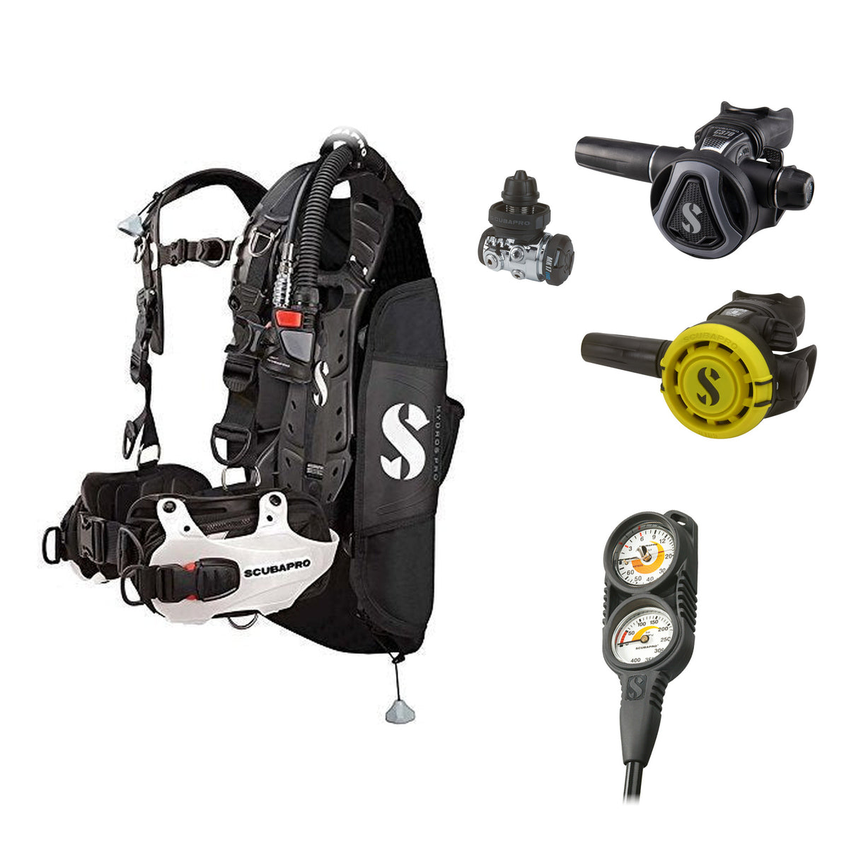 SCUBAPRO MK17 EVO2 / C370 Graphite regulator set with R105 octopus and Hydros Pro Mens BCD in white, with Compact Combo 2