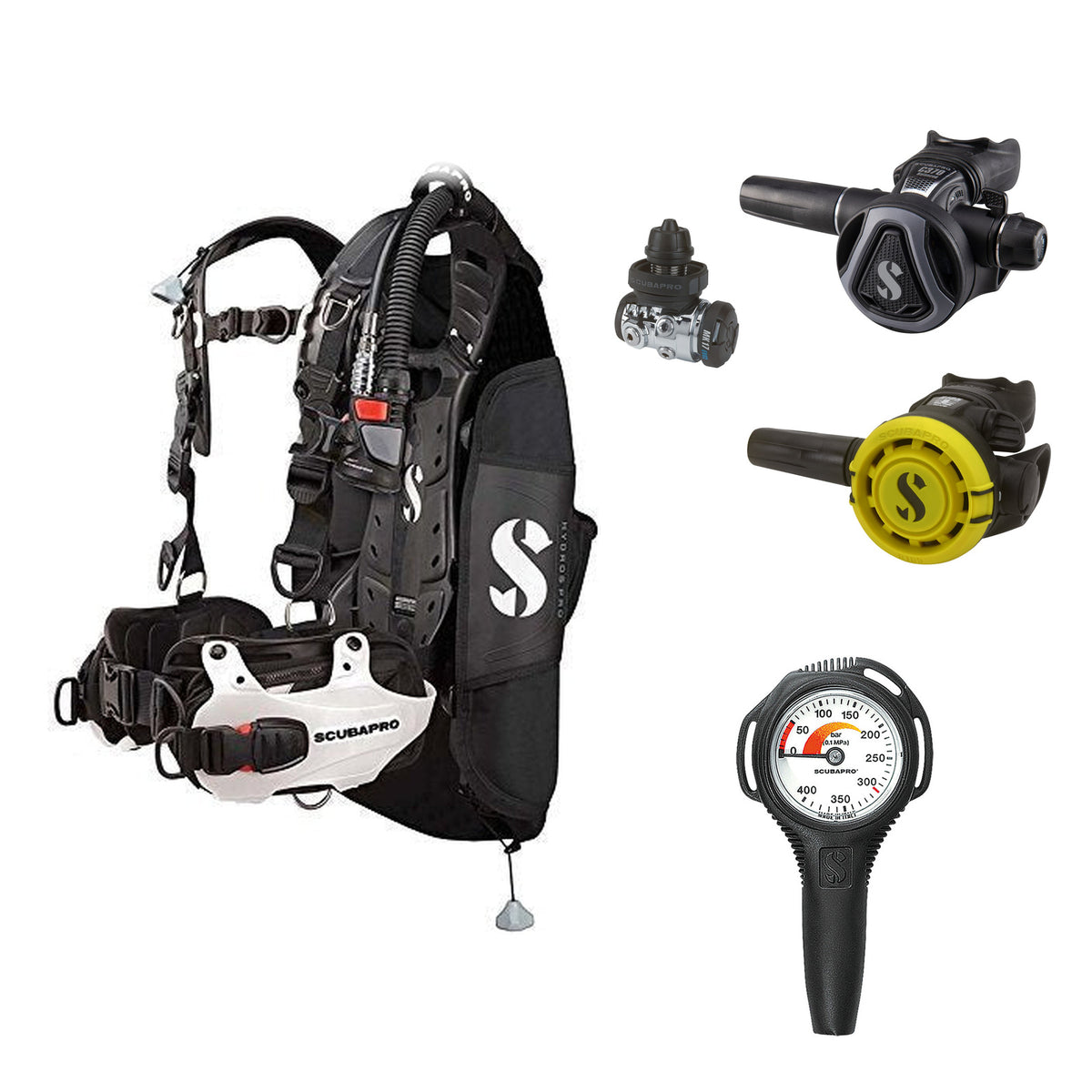 SCUBAPRO MK17 EVO2 / C370 Graphite regulator set with R105 octopus and Hydros Pro Mens BCD in white, with Compact SPG