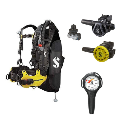 SCUBAPRO MK17 EVO2 / C370 Graphite regulator set with R105 octopus and Hydros Pro Mens BCD in yellow, with Compact SPG