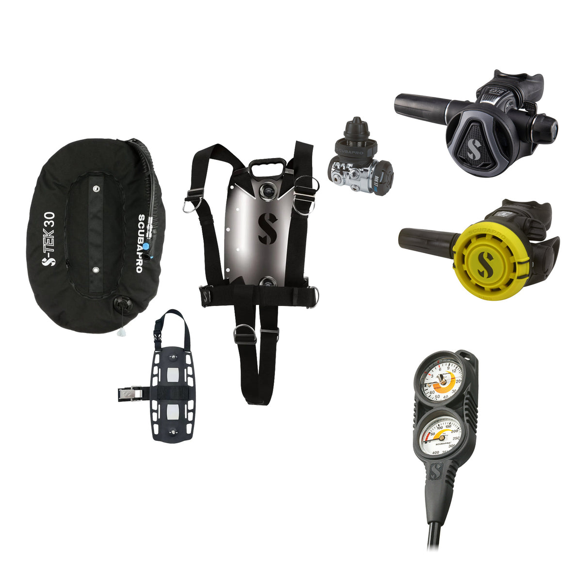 SCUBAPRO MK17 EVO2 / C370 Graphite regulator set with R105 octopus and S-TEK Pure BCD (stainless steel)