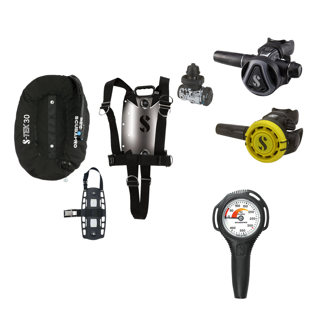 SCUBAPRO MK17 EVO2 / C370 Graphite regulator set with R105 octopus and S-TEK Pure BCD (stainless steel)