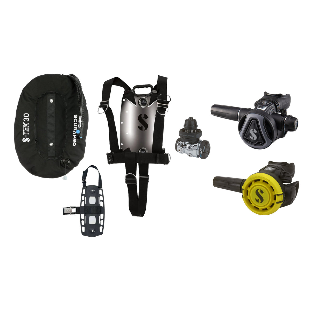 SCUBAPRO MK17 EVO2 / C370 Graphite regulator set with R105 octopus and S-TEK Pure BCD (stainless steel)
