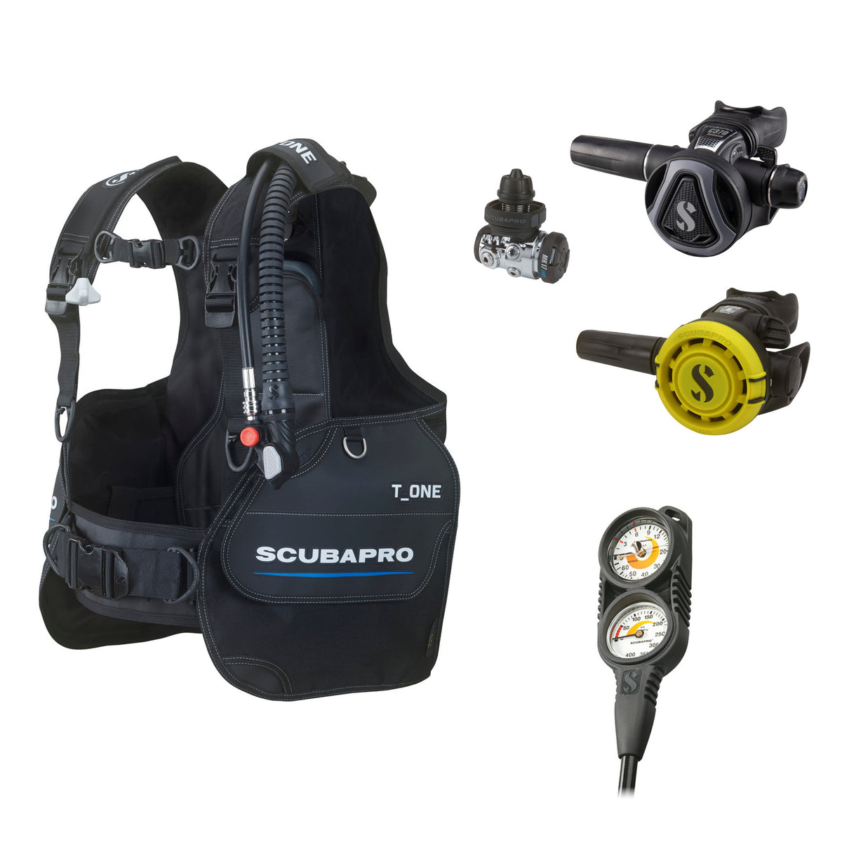 SCUBAPRO MK17 EVO2 / C370 Graphite regulator set with R105 octopus and T-One BCD, with Compact Combo 2