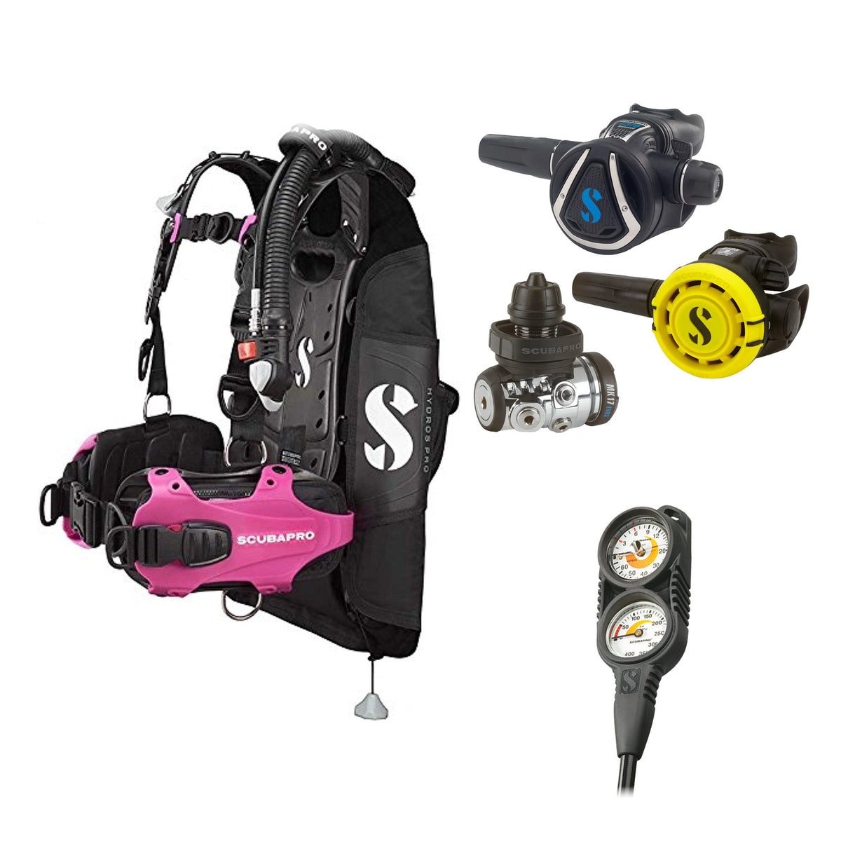 SCUBAPRO MK17 EVO2 / C370 regulator set with R105 octopus and Hydros Pro Ladies BCD in pink, with Compact Combo 2