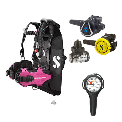 SCUBAPRO MK17 EVO2 / C370 regulator set with R105 octopus and Hydros Pro Ladies BCD in pink, with Compact SPG
