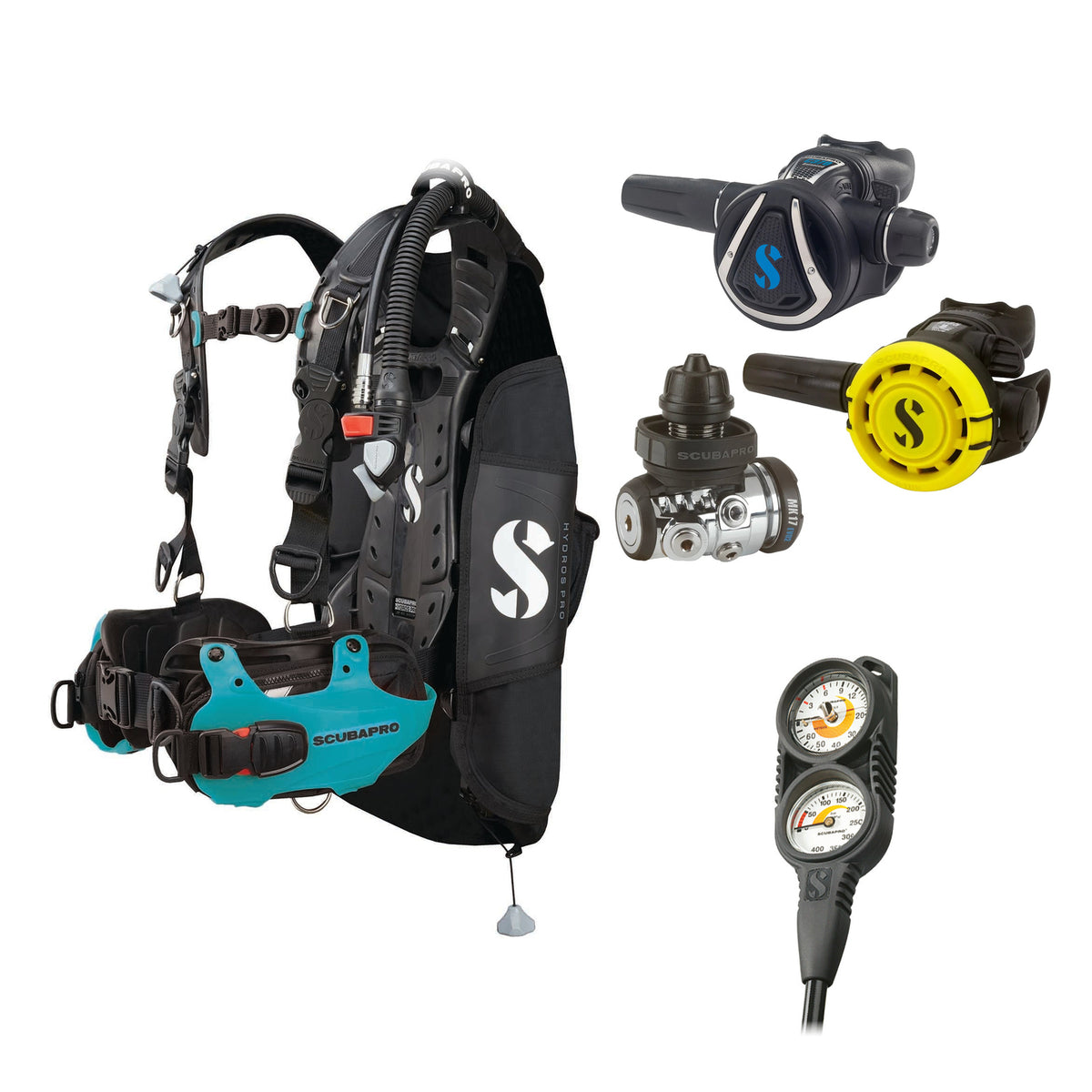 SCUBAPRO MK17 EVO2 / C370 regulator set with R105 octopus and Hydros Pro Ladies BCD in turquoise, with Compact Combo 2