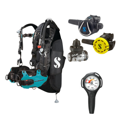 SCUBAPRO MK17 EVO2 / C370 regulator set with R105 octopus and Hydros Pro Ladies BCD in turquoise, with Compact SPG