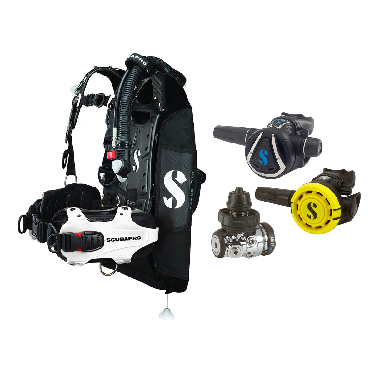 SCUBAPRO MK17 EVO2 / C370 regulator set with R105 octopus and Hydros Pro Ladies BCD in white