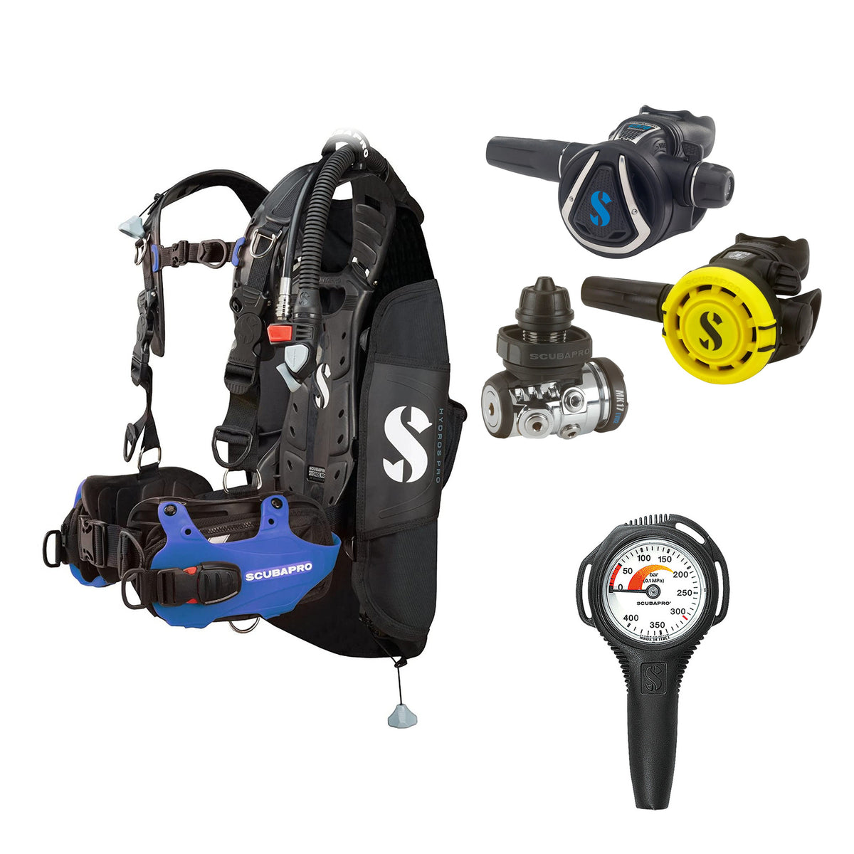 SCUBAPRO MK17 EVO2 / C370 regulator set with R105 octopus and Hydros Pro Mens BCD in blue, with Compact SPG