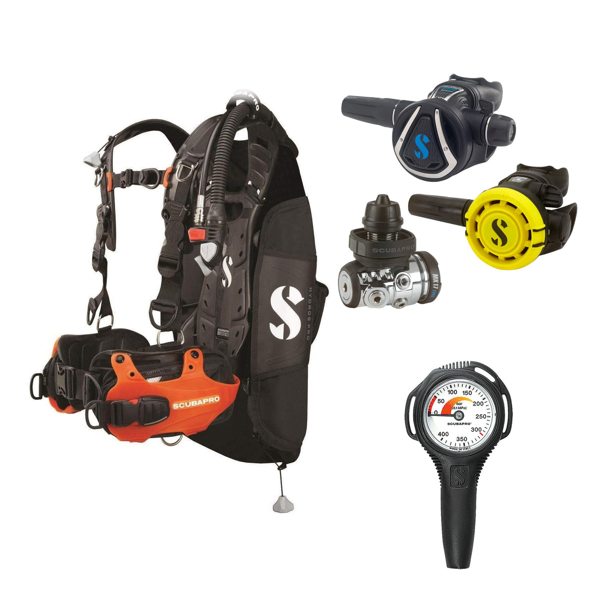 SCUBAPRO MK17 EVO2 / C370 regulator set with R105 octopus and Hydros Pro Mens BCD in orange, with Compact SPG