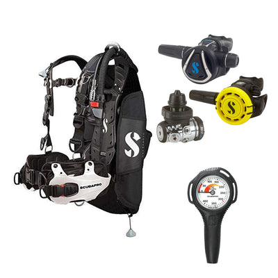 SCUBAPRO MK17 EVO2 / C370 regulator set with R105 octopus and Hydros Pro Mens BCD in white, with Compact SPG