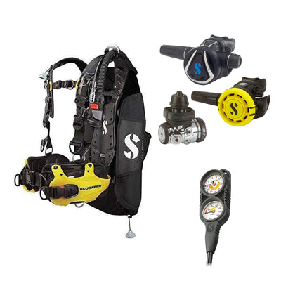 SCUBAPRO MK17 EVO2 / C370 regulator set with R105 octopus and Hydros Pro Mens BCD in yellow, with Compact Combo 2