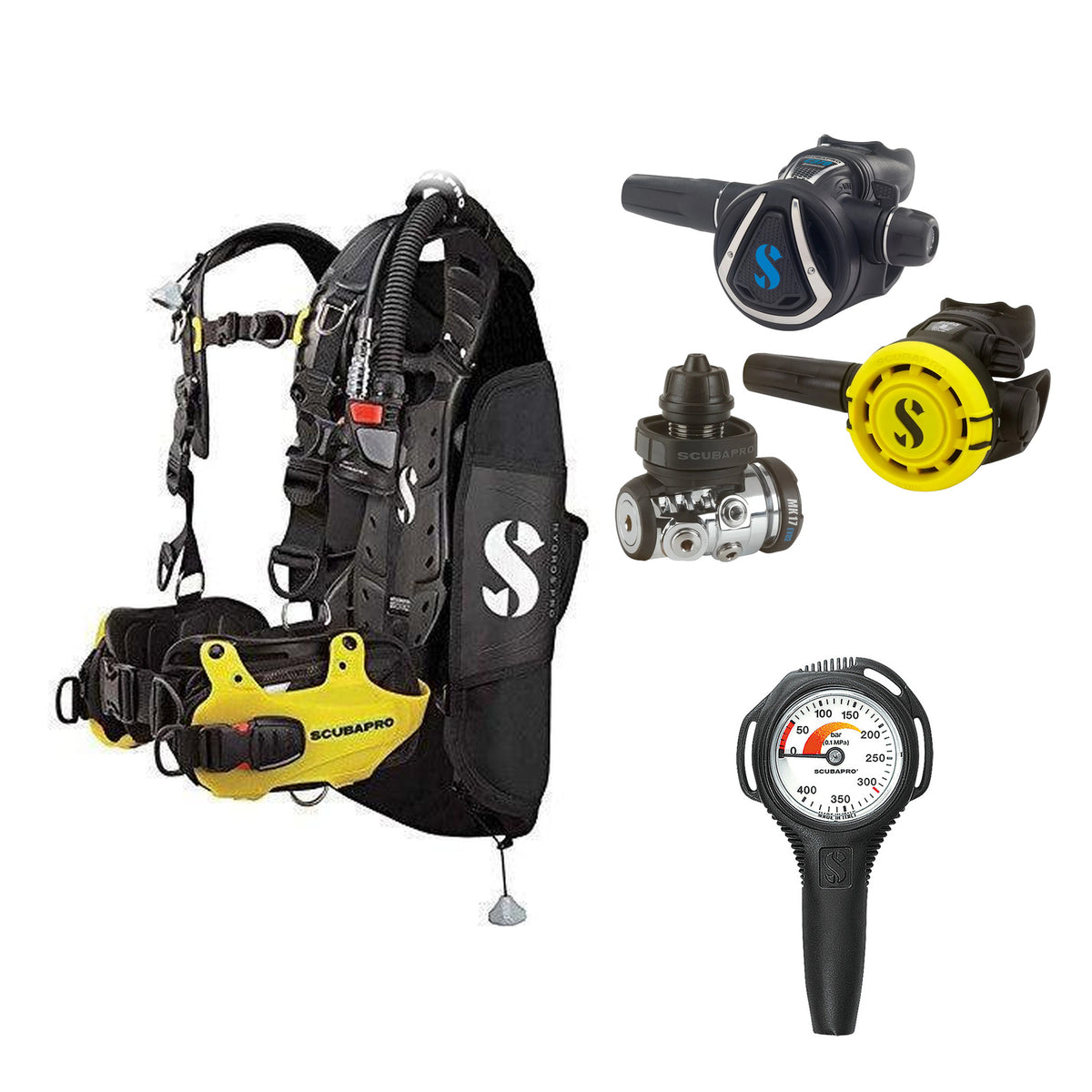 SCUBAPRO MK17 EVO2 / C370 regulator set with R105 octopus and Hydros Pro Mens BCD in yellow, with Compact SPG