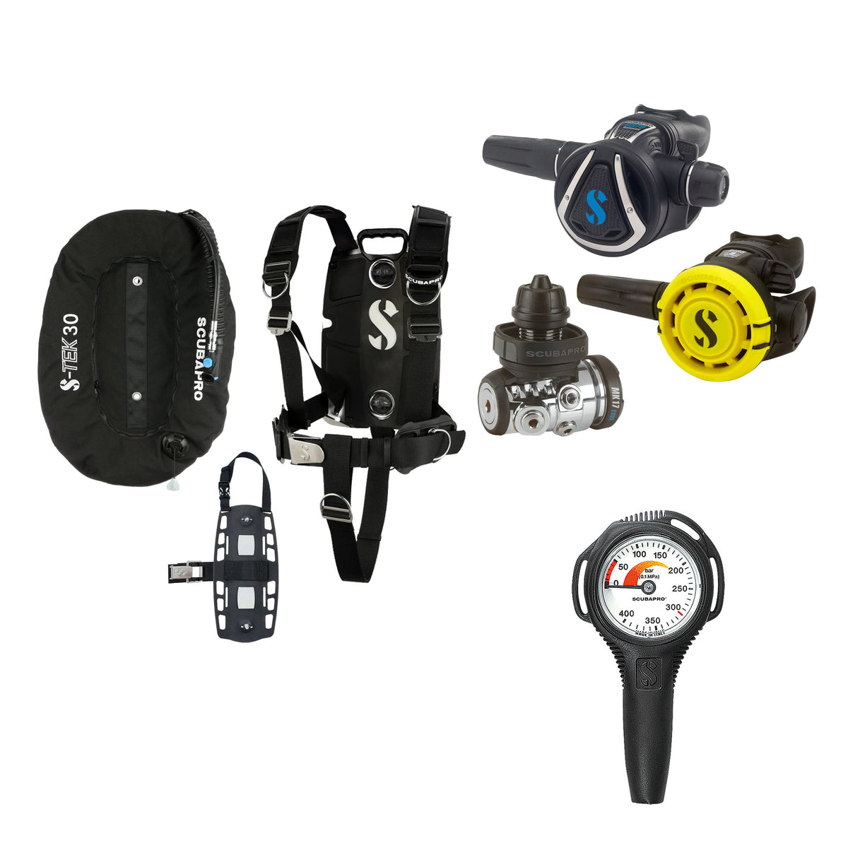 SCUBAPRO MK17 EVO2 / C370 regulator set with R105 octopus and S-TEK Pro BCD (stainless steel)