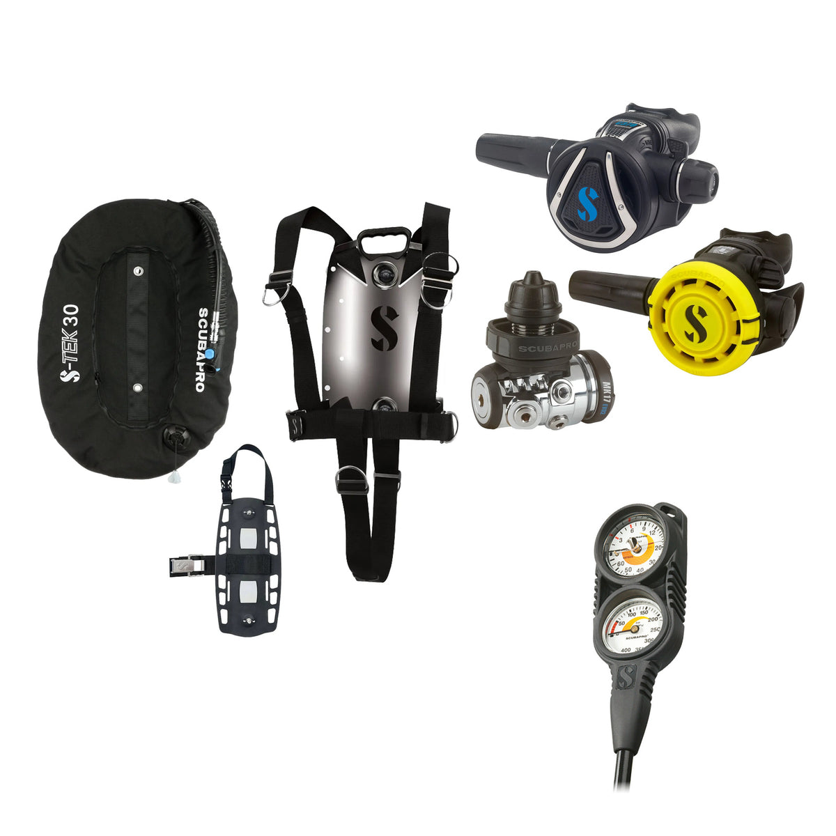 SCUBAPRO MK17 EVO2 / C370 regulator set with R105 octopus and S-TEK Pure BCD (stainless steel)