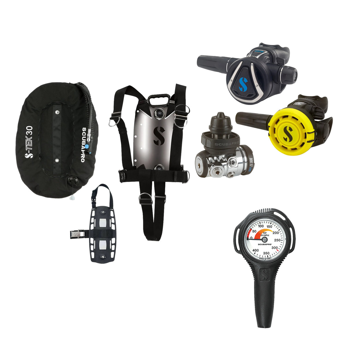 SCUBAPRO MK17 EVO2 / C370 regulator set with R105 octopus and S-TEK Pure BCD (stainless steel)