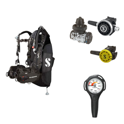 SCUBAPRO MK17 EVO2 / G260 regulator set with R105 octopus and Hydros Pro Ladies BCD in black, with Compact SPG
