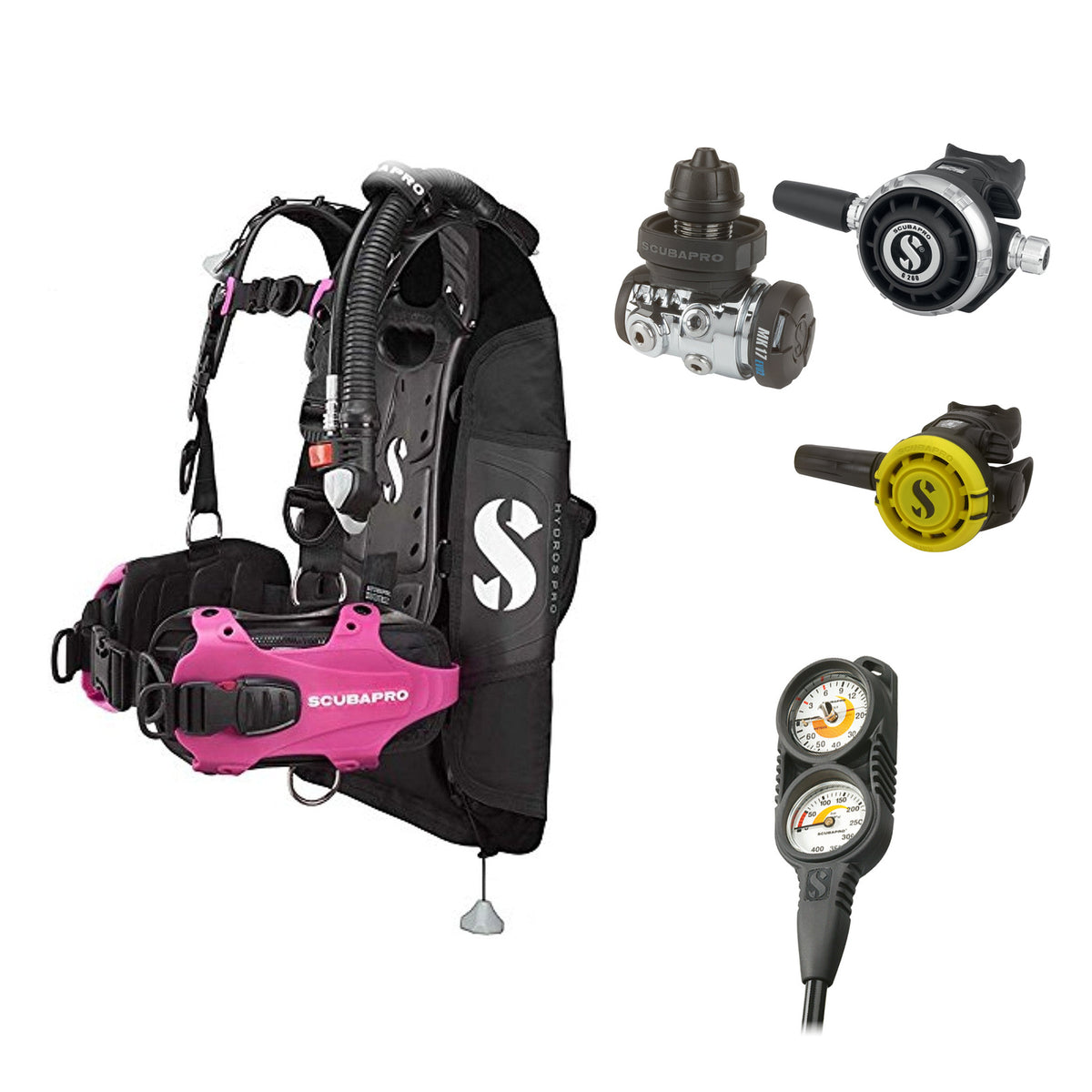 SCUBAPRO MK17 EVO2 / G260 regulator set with R105 octopus and Hydros Pro Ladies BCD in pink, with Compact Combo 2