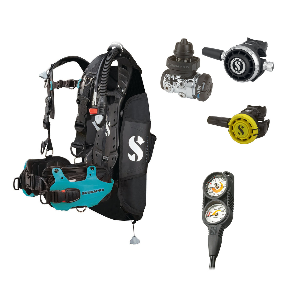 SCUBAPRO MK17 EVO2 / G260 regulator set with R105 octopus and Hydros Pro Ladies BCD in turquoise, with Compact Combo 2