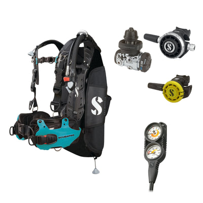 SCUBAPRO MK17 EVO2 / G260 regulator set with R105 octopus and Hydros Pro Ladies BCD in turquoise, with Compact Combo 2