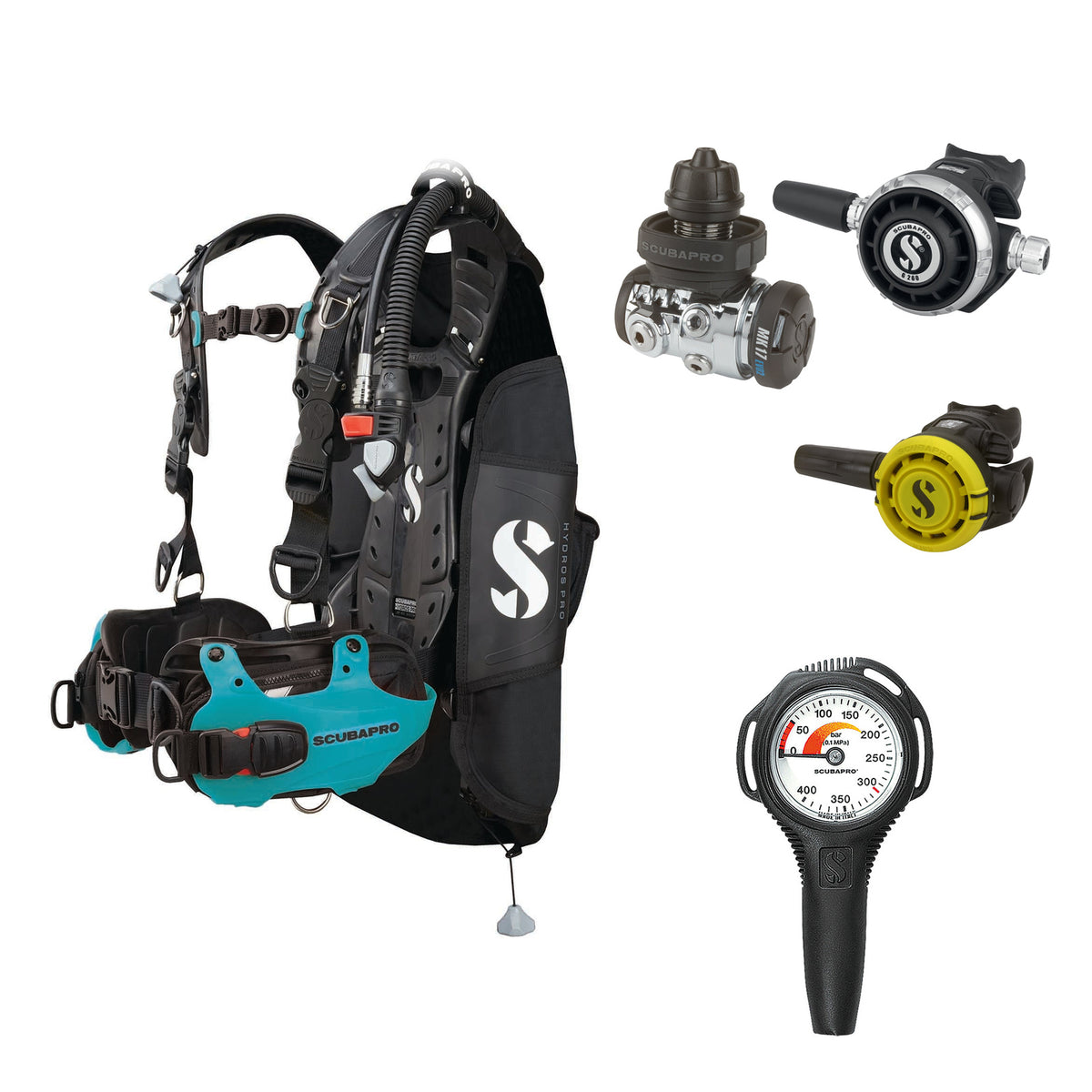 SCUBAPRO MK17 EVO2 / G260 regulator set with R105 octopus and Hydros Pro Ladies BCD in turquoise, with Compact SPG