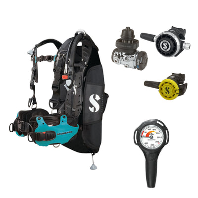 SCUBAPRO MK17 EVO2 / G260 regulator set with R105 octopus and Hydros Pro Ladies BCD in turquoise, with Compact SPG