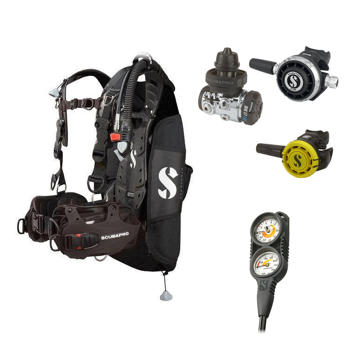 SCUBAPRO MK17 EVO2 / G260 regulator set with R105 octopus and Hydros Pro Mens BCD in all black, with Compact Combo 2