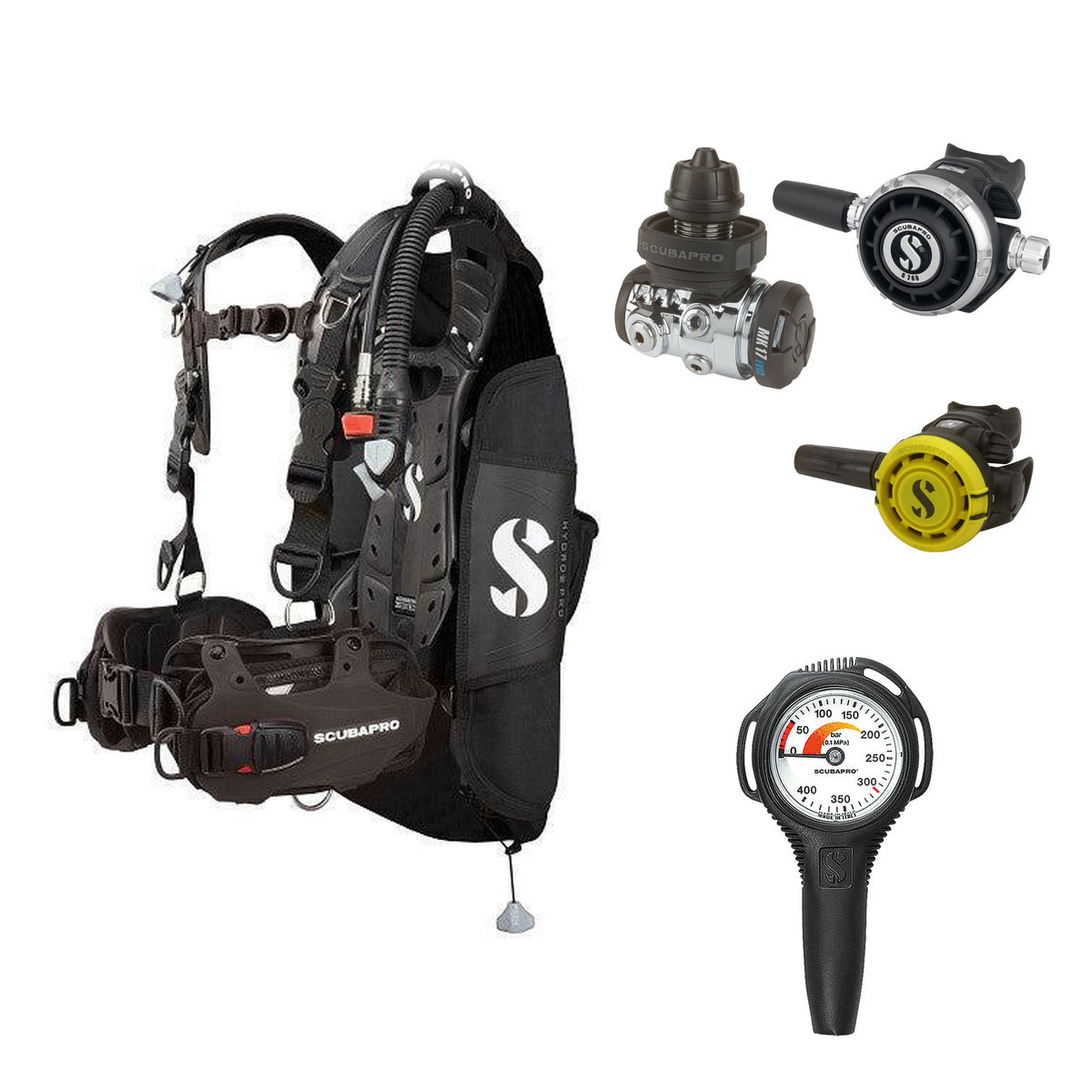 SCUBAPRO MK17 EVO2 / G260 regulator set with R105 octopus and Hydros Pro Mens BCD in all black, with Compact SPG